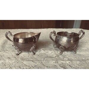 Leonard Silverplate Creamer & Sugar set Ornate Footed Flower Victorian style  3"